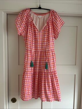 THML Pink Check Tiered Dress with Teal Tassels